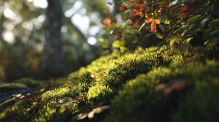 Sunlit Mossy Hillside with Autumnal Leaves in a Dreamy Forest Landscape