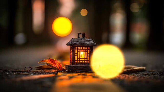 A miniature illuminated lantern sits on a road with fallen leaves, bokeh lights. A warm, autumnal scene