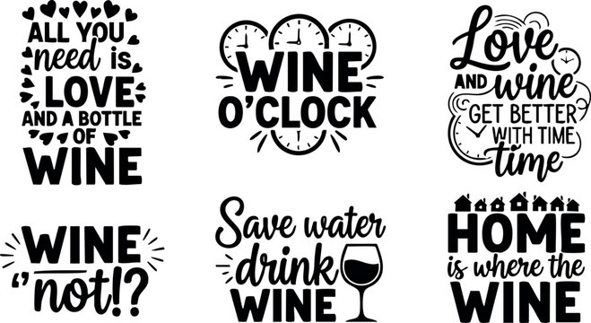 Wine quotes vector set with love wine sayings and humorous wine time graphics for beverage lovers