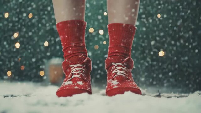 A person's feet wearing red boots with snow on them, standing in the snow during winter time.