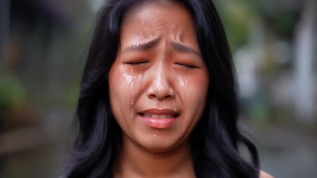 Close-up Portrait of a Young Asian Woman Crying with Tears and Closed Eyes, Expressing Deep Sadness and Emotional Pain