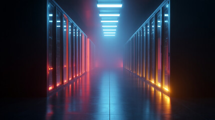 Illuminated server room corridor with blue and red lighting effect