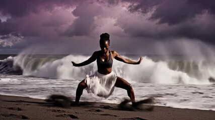 Black woman expressing freedom and strength through movement on a dark sand beach, moving gracefully as powerful ocean waves crash under a dramatic, stormy sky
