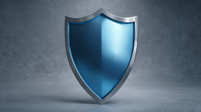 A shiny blue shield with silver trim standing against a gray background
