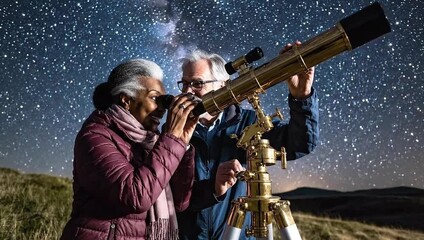 Senior Couple Stargazing with Telescope Under a Breathtaking Milky Way Night Sky, Exploring the Cosmos and Universe Together - Powered by Adobe