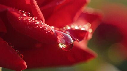 Close up of a red rose petal covered in water droplets with a blurred background in soft lighting - Powered by Adobe