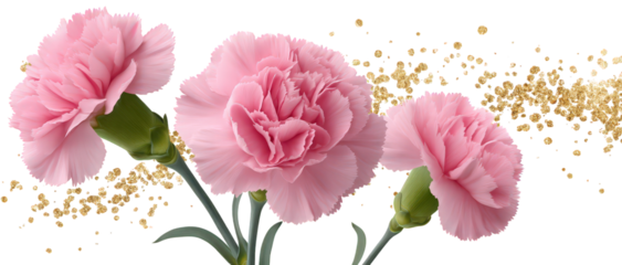 Falling pink carnation flower and gold glitter isolated on white pink, leaf, frame, flower, rose, flower, floral