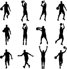 Black Silhouette of 12 Dynamic Basketball Moves – High Detail Sports Action on White Background