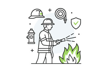 Professional firefighter battling fire with water hose and safety equipment icons