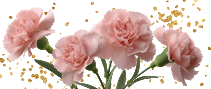 Falling pink carnation flower and gold glitter isolated on white frame, rose, flower, leaf, flower, pink, floral