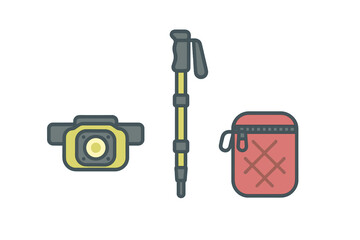 Essential outdoor adventure gear including a headlamp, trekking pole, and storage bag