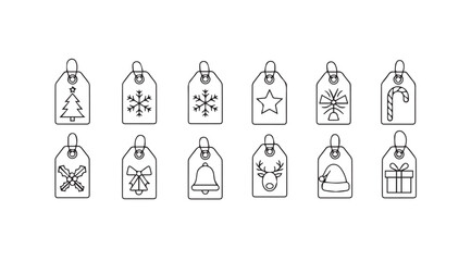 Collection of twelve unique hand drawn decorative gift tag silhouettes with festive designs silhouette