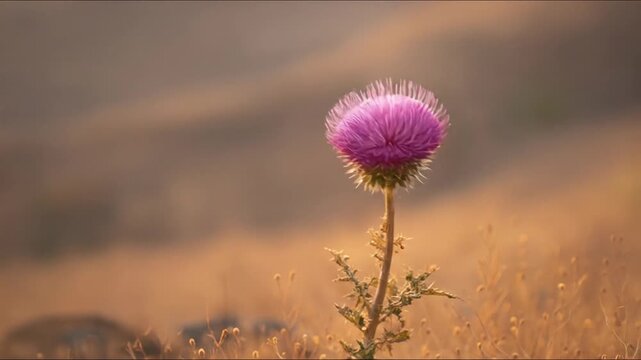 A close-up shot of a single pink thistle flower in a field, with a blurred background