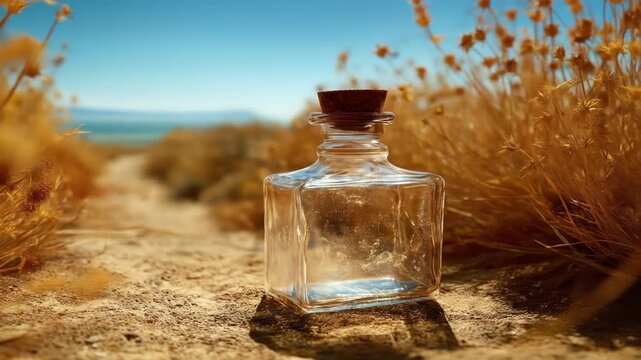 A clear glass bottle with a cork stopper is set on sand amidst dry grasses, with a distant blue ocean