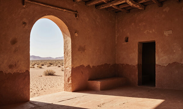 Desert Sunlit Studio - Adobe studio with clay walls, terracotta floor, sunlight streaming through arched doorway, empty space captured from