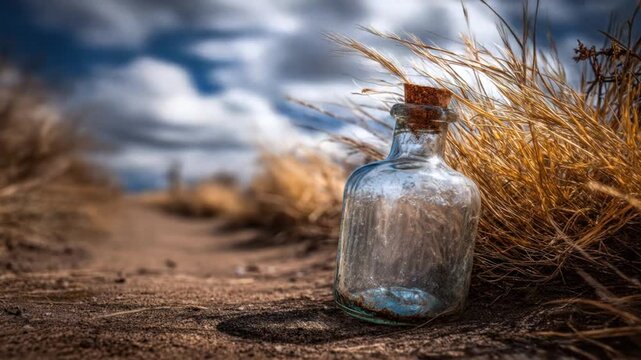 A sunlit scene features a weathered glass bottle corked with a dried path leading back