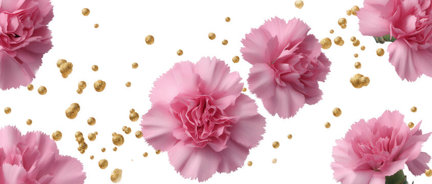 Falling pink carnation flower and gold glitter isolated on white floral, flower, flower, leaf, frame, pink, rose