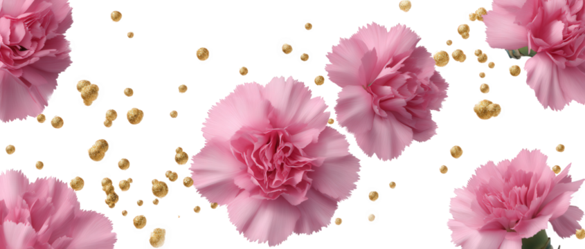 Falling pink carnation flower and gold glitter isolated on white floral, flower, flower, leaf, frame, pink, rose