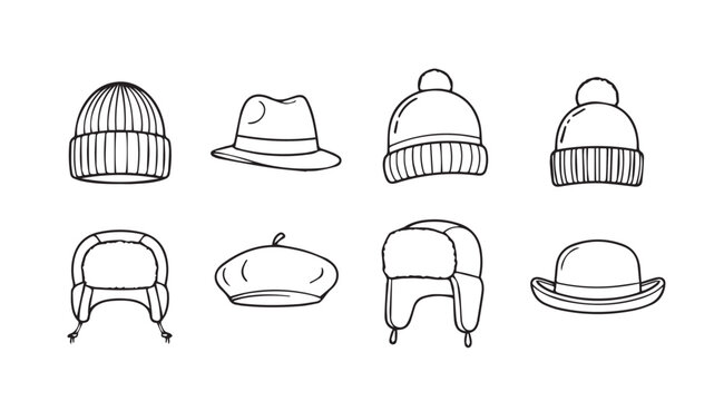 Collection of eight different winter hats and caps in a simple line drawing silhouette style