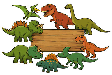 Cute cartoon prehistoric dinosaurs surrounding a blank wooden banner sign for text display