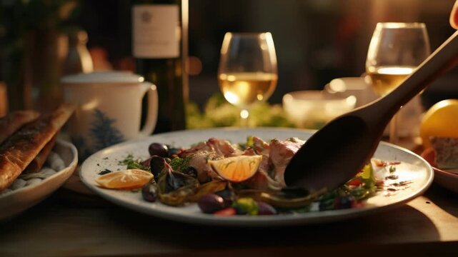 A mouth-watering meal is ready to be savored, with a variety of dishes presented on a table, inviting diners to enjoy.