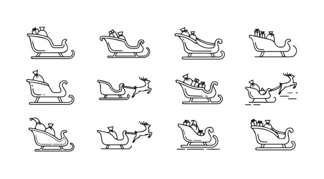 Collection of twelve different christmas sleighs with santa claus and reindeer silhouette