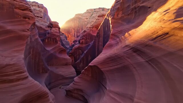 Sunlight beams into a narrow slot canyon, illuminating the smooth, wavy sandstone walls shaped by millennia of water and wind erosion, creating a vibrant natural landscape