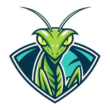 Electric Mantis Esport Mascot Logo Vector &ndash; Futuristic Insect Warrior Emblem with Solid Lime and Teal Flat Design, Clean Modern Gaming Badge

