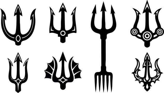Trident vector icons set with various designs and styles in black silhouette for mythology and ocean themes