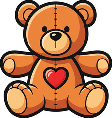 Obraz premium Cute Brown Teddy Bear With Red Heart Icon On Chest And Button Eyes Sitting Pose And Black Outline On White Background