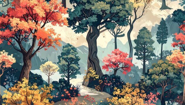 Vibrant autumn forest scene with colorful trees, rolling hills, and a winding pathway. Peaceful and warm depiction of nature's beauty