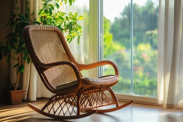 A cozy wicker rocking chair by a large window in the relaxation area