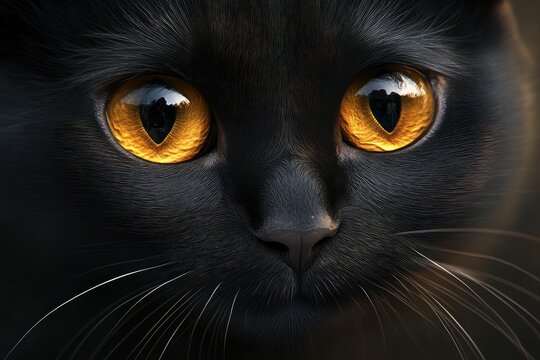 Ultra-realistic close-up of a black cat, shiny coat and golden eyes - Powered by Adobe