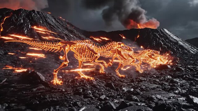 Glowing dinosaur skeletons, possibly t-rex or similar theropods, are fleeing from an active erupting volcano under a dark, smoke-filled sky, symbolizing a prehistoric extinction event