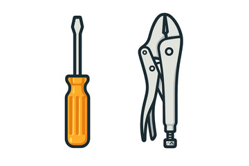 Essential repair and construction hand tools: flathead screwdriver and adjustable locking pliers