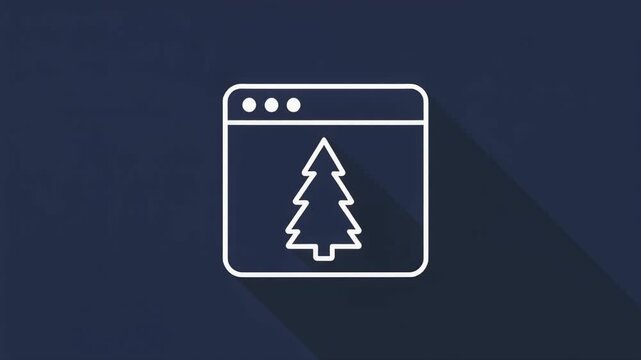 Web Browser Window with Evergreen Tree Outline Icon on Dark Blue Background, Flat Design Long Shadow Style