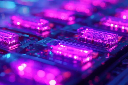 Close up image of a computer processor with pink led lights and circuit board details