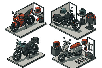 Isometric display of various motorbikes: sport, cruiser, adventure, and scooter, with riding gear and repair tools