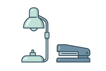 Desk lamp and stapler supplies set in flat line art style
