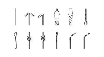 Collection of various drinking straws in a simple line art silhouette style