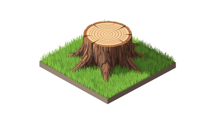 Isolated isometric tree stump on a grassy patch in cartoon style vector art