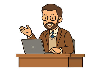 Bearded professional man using laptop at desk while actively gesturing