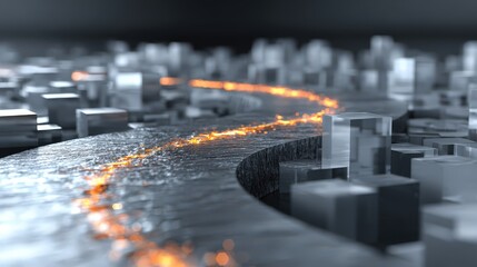 Glowing energy stream traces a winding path through an abstract cityscape of glass and metal structures