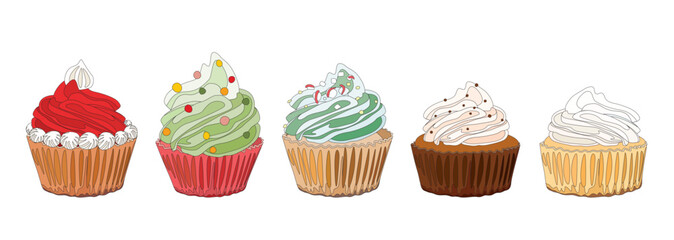Set of cute cup cake isolated doodle lines