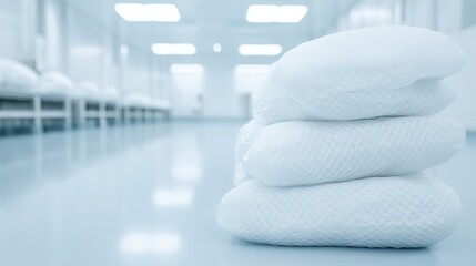 A neat stack of white disposable foot coverings in a clean, bright indoor facility