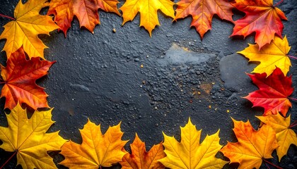 Vibrant autumn maple leaves frame a dark, textured surface, creating a circular border with space for text. Colors range from yellow to red