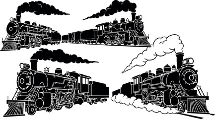 Obraz premium Vintage steam locomotives black and white vector illustration with smoke and train cars in motion