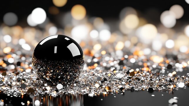 A polished obsidian sphere rests on a bed of sparkling glitter with bokeh lights in the background