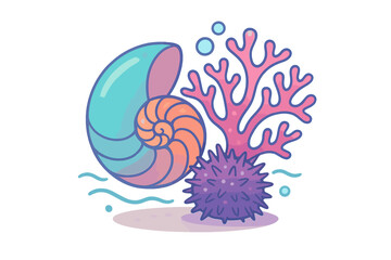 Colorful stylized nautilus shell, pink coral, and sea urchin in an underwater scene