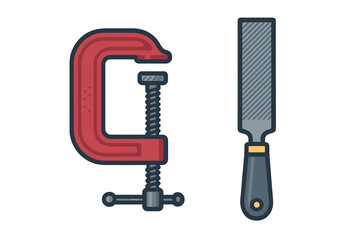 Essential hand tools for carpentry and metalworking featuring a red C-clamp and a gray metal